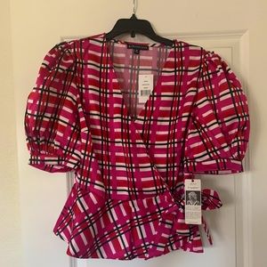 Gibson Satin Wrap Top - Hot pink, black and white